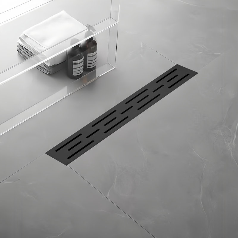12 po Drain de douche linéaire en acier inoxydable avec crépine et pieds niveleurs en noir mat, Noir mat