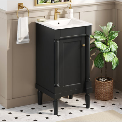French Single Bathroom Vanity Cabinet with Ceramic Sink, Soft Closing Hinges & Adjustable Storage Shelf, Compact Freestanding French Style Vanity for Small Bathroom Spaces