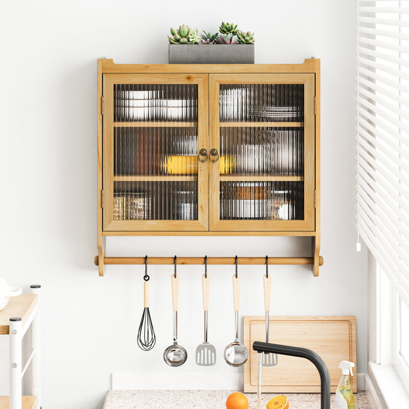 24.8'' Glass Door Vintage Wall Cabinet With Three - Tier Storage And Towel Rack, Suitable For Dining Room, Kitchen, Bathroom, Natural Wood Coloration, Solid Glass, Easy Assembly Process Double Depth,