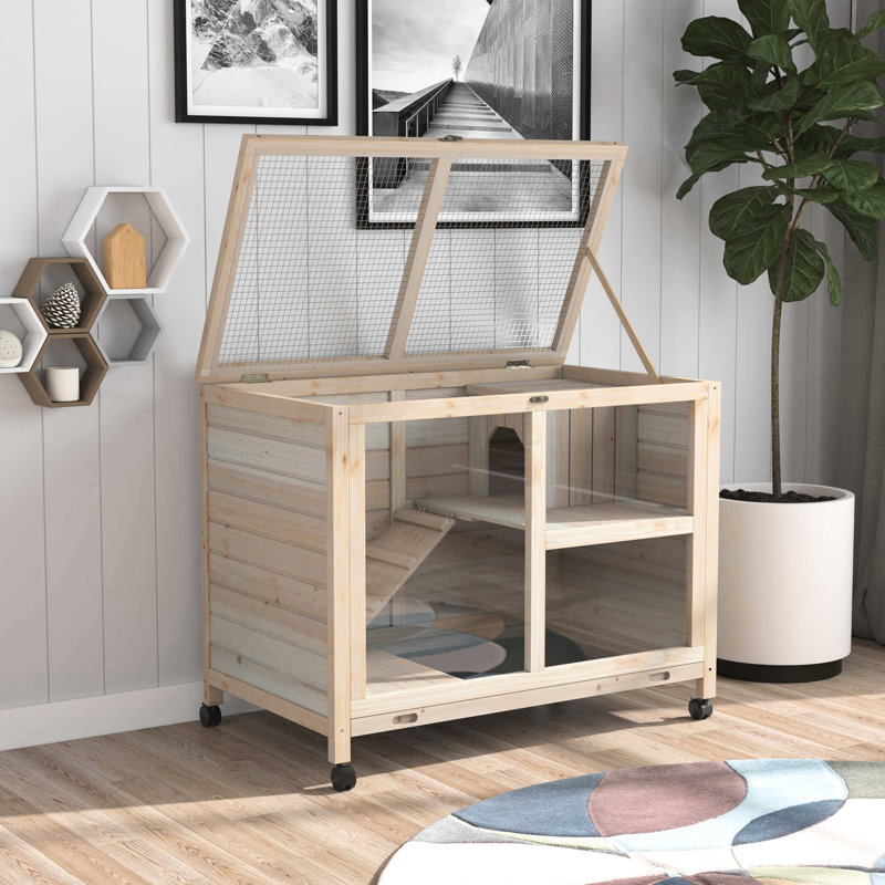 Cage à lapin compacte en bois avec roues transportables - Naturelle, imperméable, pratique pour les animaux de compagnie