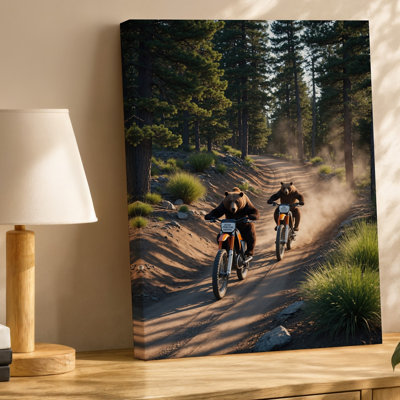 Canvas In A Sun Drenched Forest Alive With Vibrant Greens Two Wall Art Grizzly Bears Ride Dirt Bikes Along A Dusty Serpentine Trail Canvas Wall Art