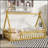 Twin Tent-Shaped Floor Bed,Teepee Bed With Guardrails,Slats,Natural-335365455