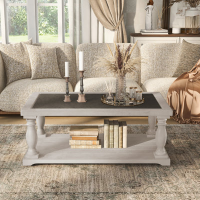 Farmhouse Rectangular Coffee Table with Turned Spindle Solid Wood Legs, 2-Tier Wooden Cocktail Table, Vintage Traditional Center Table for Living Room