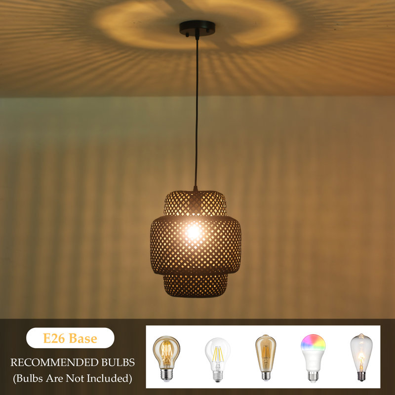 Pylesville 1 - Light Rustic Hand-Woven Bamboo Cylinder Pendant, Black, 13.77" H x 11.81" W x 11.81" D