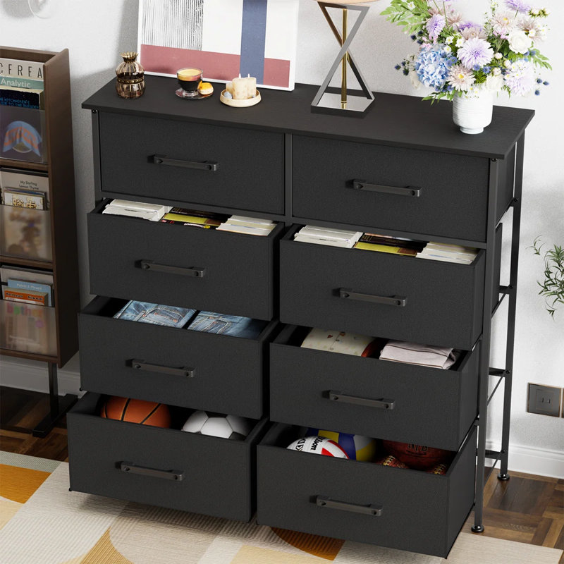 Fabric Dresser With 8 Drawers For Bedroom Closet Dresser With Metal Frame And Wooden Top Tall Storage Tower Double Dresser Chest Of Drawers For Closet Living Room And Entryway, Black
