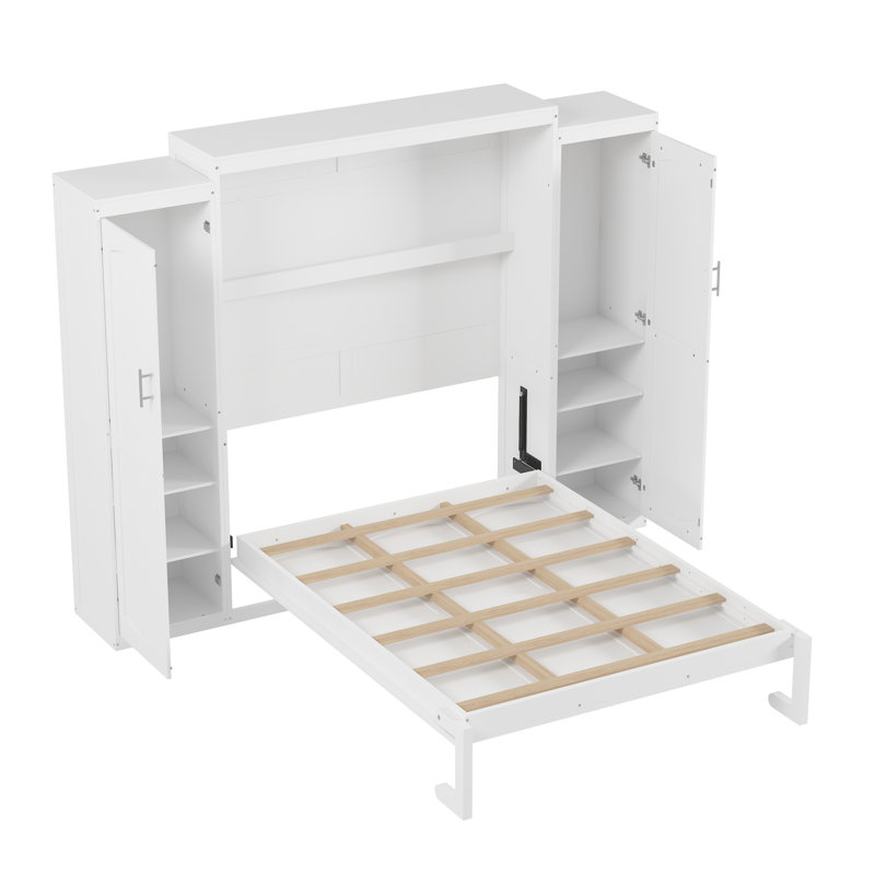Lit double blanc avec deux garde-robes, plateforme stable et tablette pour armoire de chambre à coucher, étagère de rangement, chambre d'amis polyvalente,