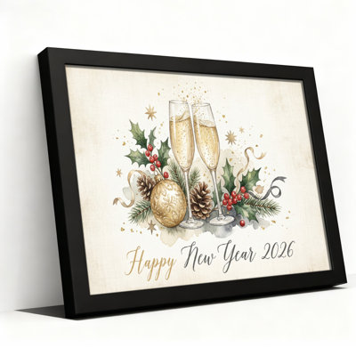 Ensemble de 1 toile tendue représentant des flûtes à champagne, des baies de houx, des pommes de pin et des ornements dorés pour Noël et le Nouvel An 2026.