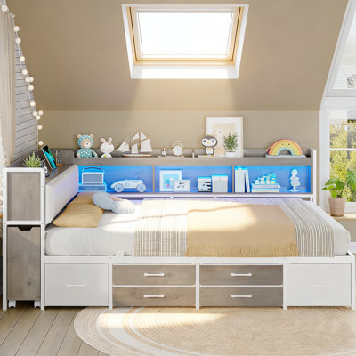 Upholstered Convertible Full Daybed with Storage Pull-out Cabinet Bookcase & L-Shaped Headboard Under-Bed Drawers Metal Platform Bed