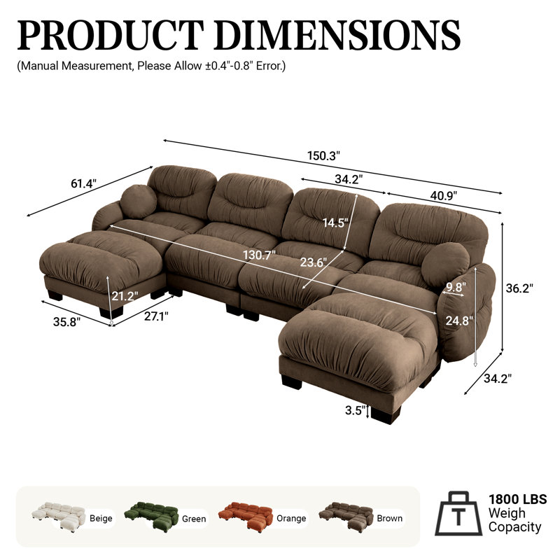 150" Oversized U-Shaped Chenille Sectional Sofa with Double Chaises, Modern Cloud-Like Modular Couch for Living Room, Brown