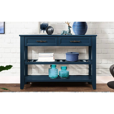 Console avec 2 tiroirs et tablettes de rangement, buffet Mid-Century en bois massif bleu marine pour meubles de chambre à coucher 42 "