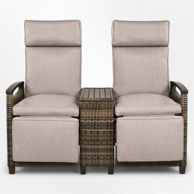 Outdoor Wicker Reclining Loveseat With Storage Table, Beige Cushion/Brown Frame