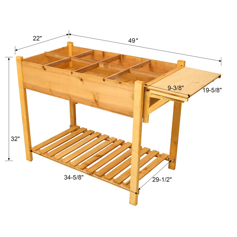 Natural Wood Elevated Garden Bed with Foldable Side Table