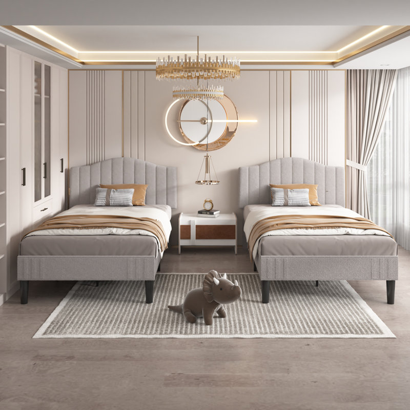 Aldora Twin Size Set Platform Bed with Adjustable Teddy Fabric Headboard, Gray