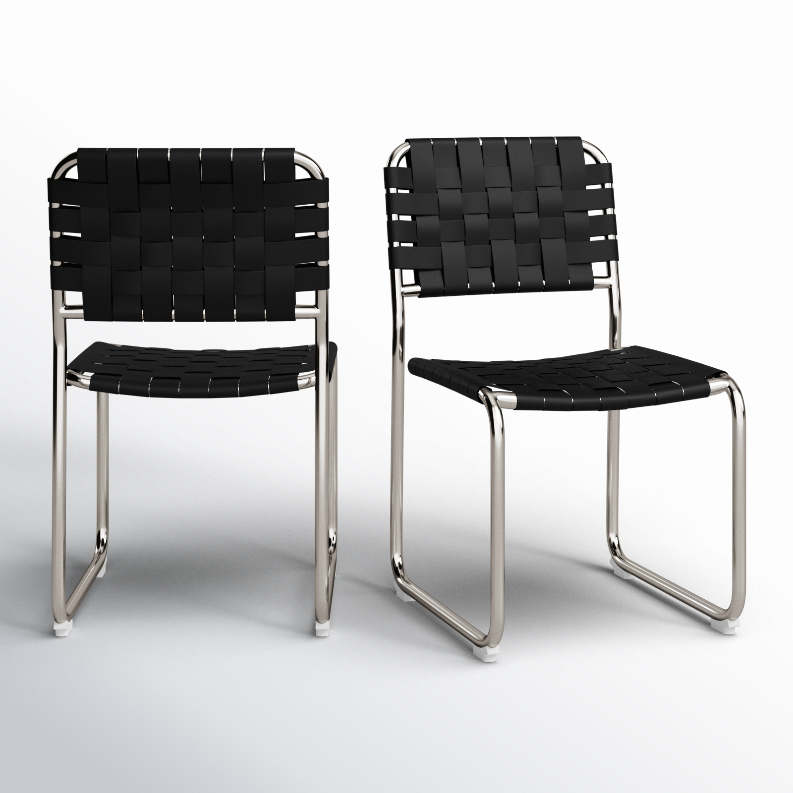 Bailee Woven Leather Cantilever Dining Chair, Black Top Grain Leather, Silver