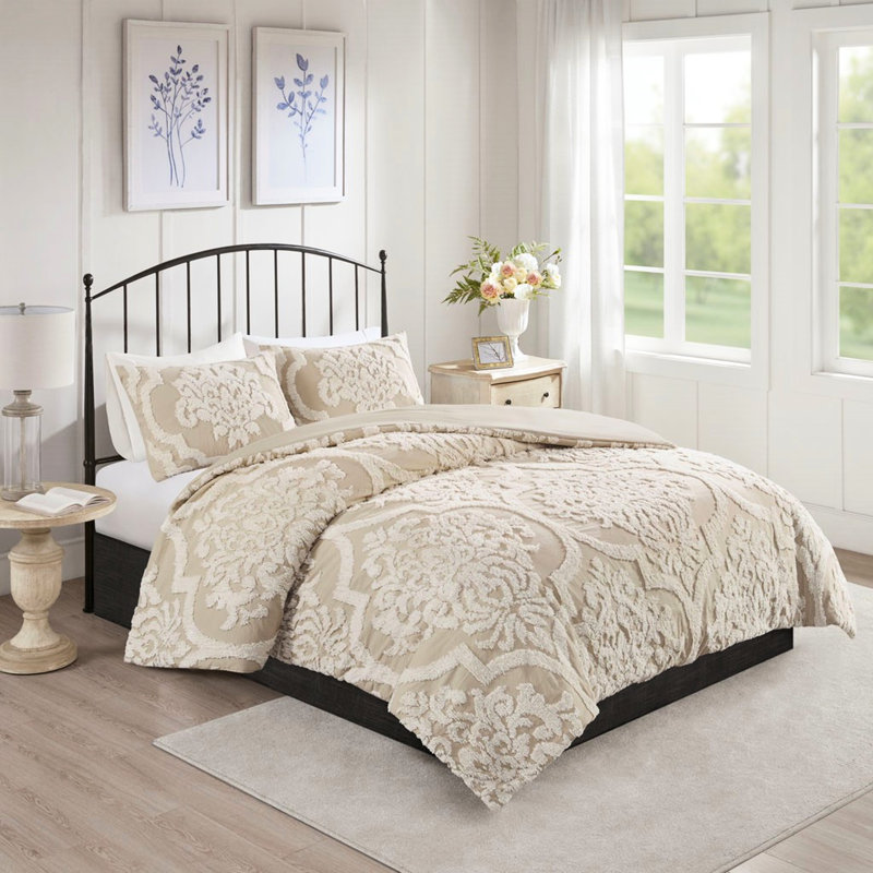 Housse de couette en chenille de coton Shabby Chic, double / grand, avec fermeture à boutons et style pour une nuit sereine