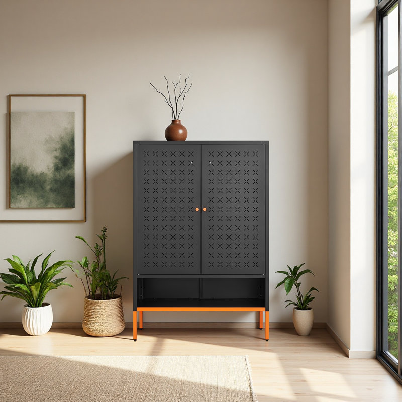 Grid Double Door Shoe Cabinet, Three Adjustable Compartments For Flexible Storage, Suspended Hollow Shoe Changing Compartment, Bottom 15Cm Moisture-Proof High Foot Design