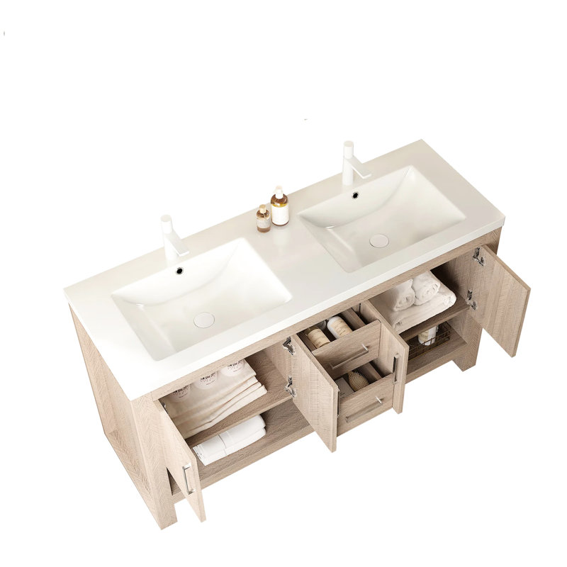 Lavabo de salle de bain 60 po en acrylique blanc d'une seule pièce, style encastré, usé et rayé, robinet standard pré-percé, trou de débordement de 60 po, protection, entretien sans effort