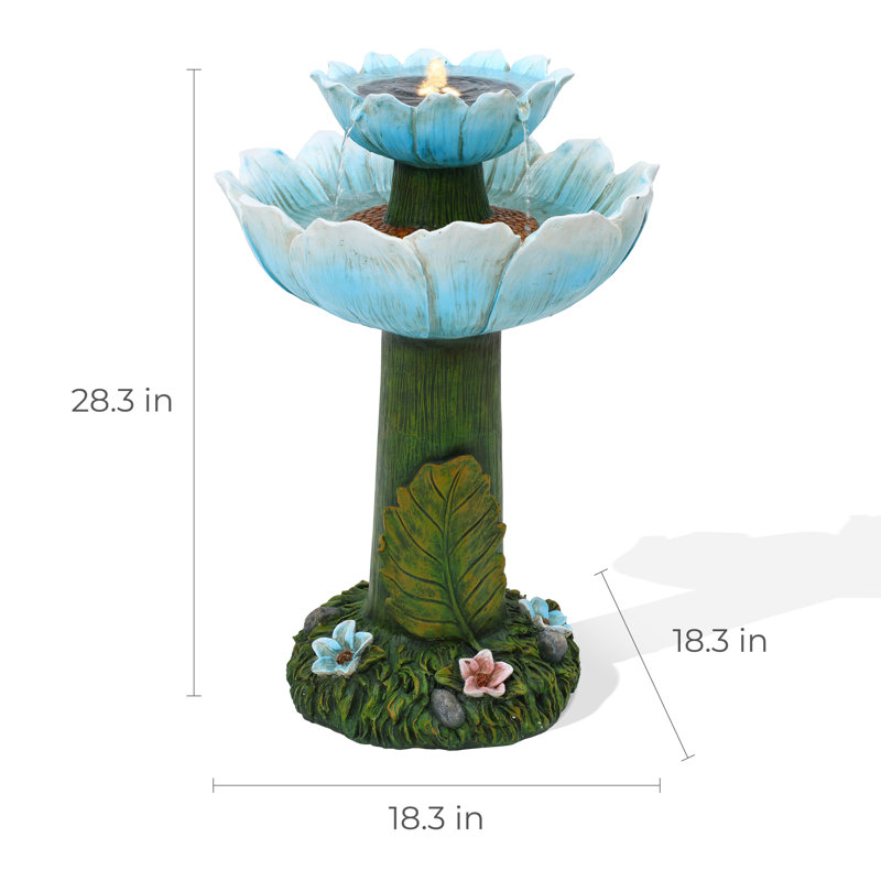 Audhumbla Solar Powered 28.35'' 2-Tier Flower Resin Birdbath Outdoor Fountain with Lights