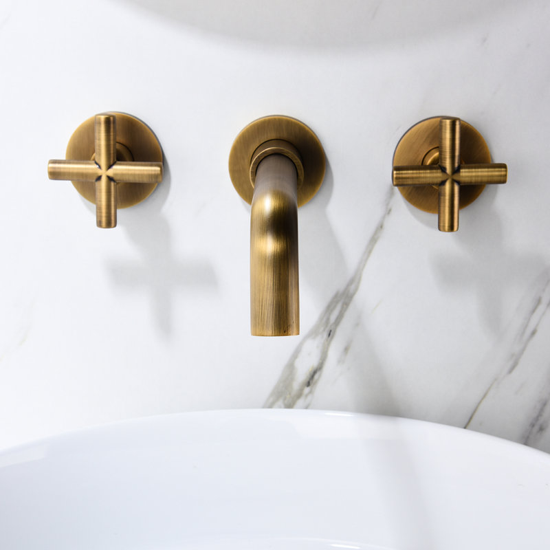 Robinet de lavabo de salle de bain à fixation murale - deux poignées en croix, débit d'eau droit, bonde escamotable, option d'éclaboussure montée en bronze, drainage facile,