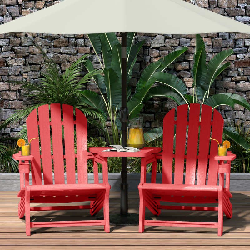 Outdoor Poly Adirondack Chair Set With Connecting Tray & Cup Holder, Red