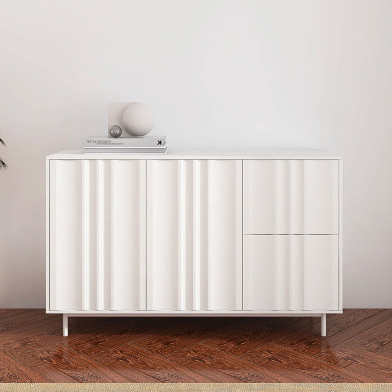 Buffet 47,2 "avec 2 portes et tiroirs, tablette réglable, armoires de cuisine à motif ondulé avec pieds en métal pour salle à manger