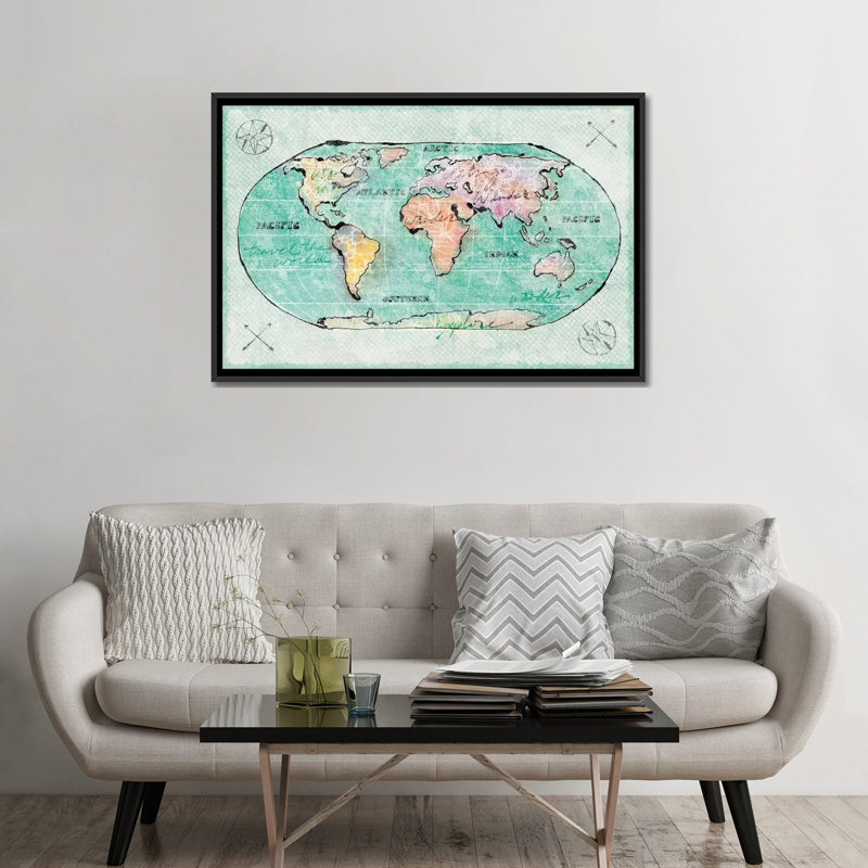 « shorelines mapped », impression sur toile tendue, H 18 po x l 26 po x P 1,5 po, Toile avec cadre noir, Pas de tapis