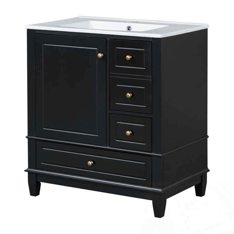 Meuble-lavabo avec lavabo, tablette et trois tiroirs, Noir