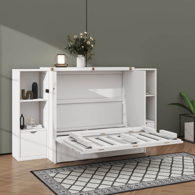 Spacious Queen-Size Murphy Bed Comprising Shelving Drawers And A USB Charging Hub, White