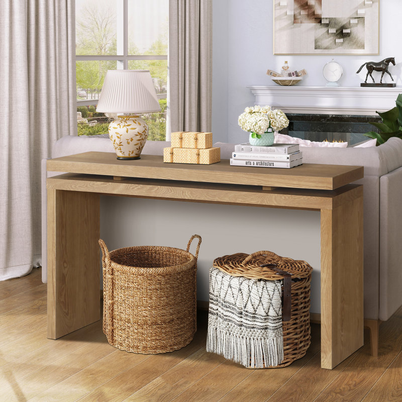 Console de 60 po en brun rétro, suspension à deux planches, structure en bois massif, plateau, rangement ouvert, table d’entrée de 120 lb brun antique avec design, surface, style rustique, rangement pour