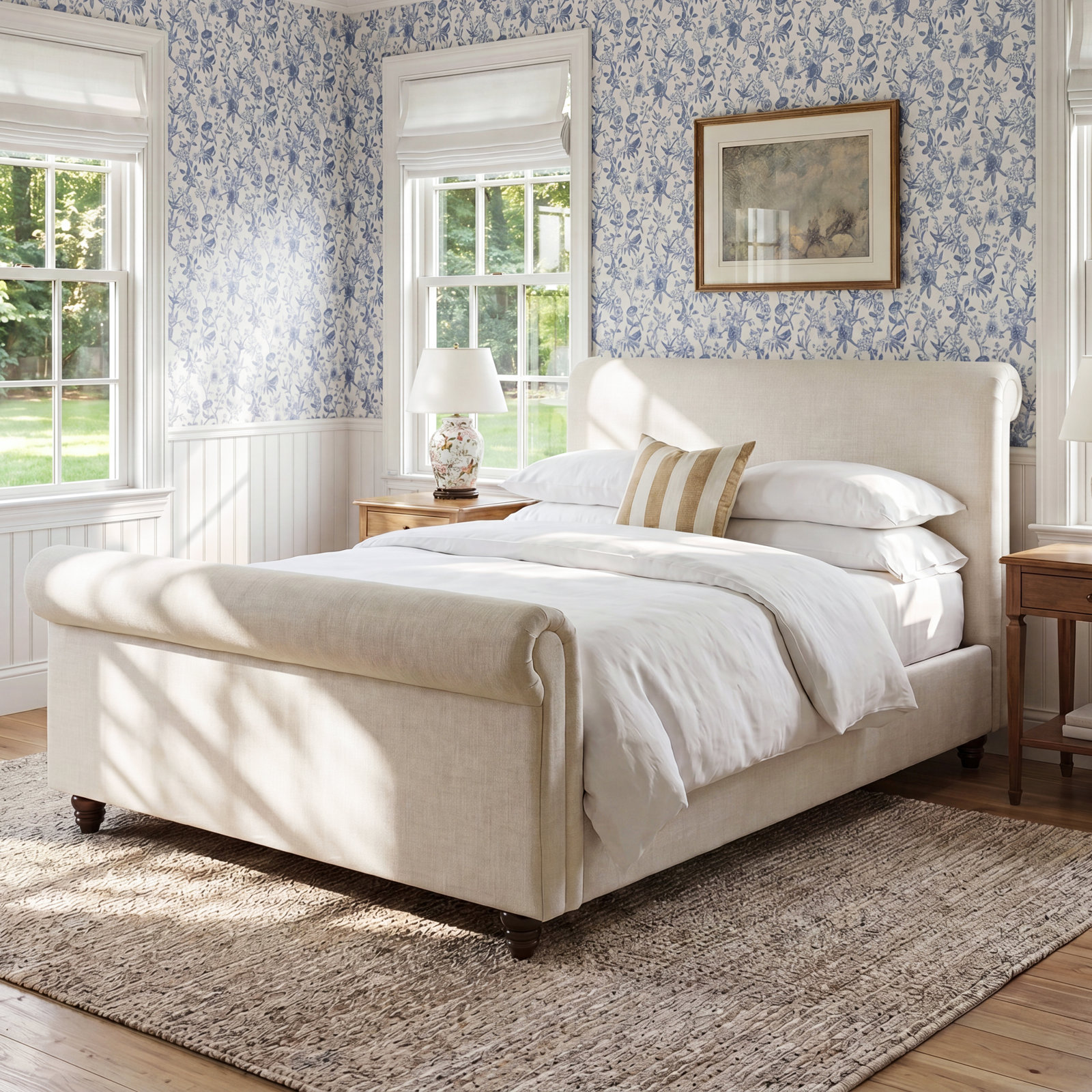 Waverly Linen Upholstered Bed, Queen, Effie Linen Performance Linen