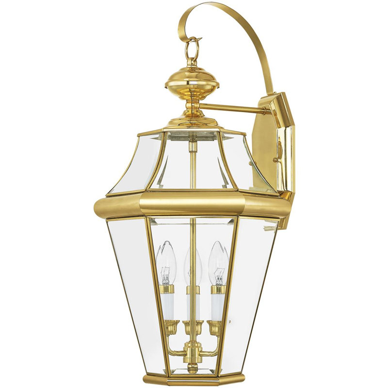 12.5in 3 Light Outdoor Wall Lantern Pendant - Clear Beveled Glass Shade, Polished Brass