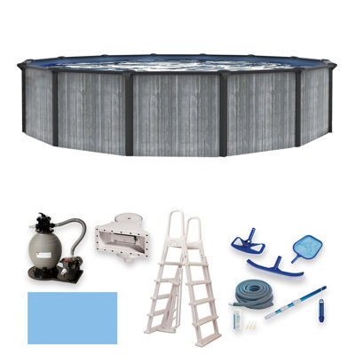 Piscine hors-terre ronde de 52 pieds de 52 pieds Blue Wave San Pedro - Rails supérieurs en acier, filtre à sable, écumoire, doublure, échelle en A et trousse d'entretien - Accessoires de piscine extérieure complets