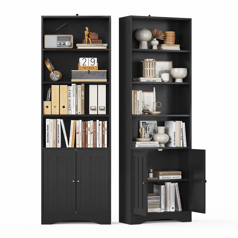 70.8'' H x 23.6'' W Standard Bookcase with 3 Drawers,Cabinet Doors and Open Shelves , Black