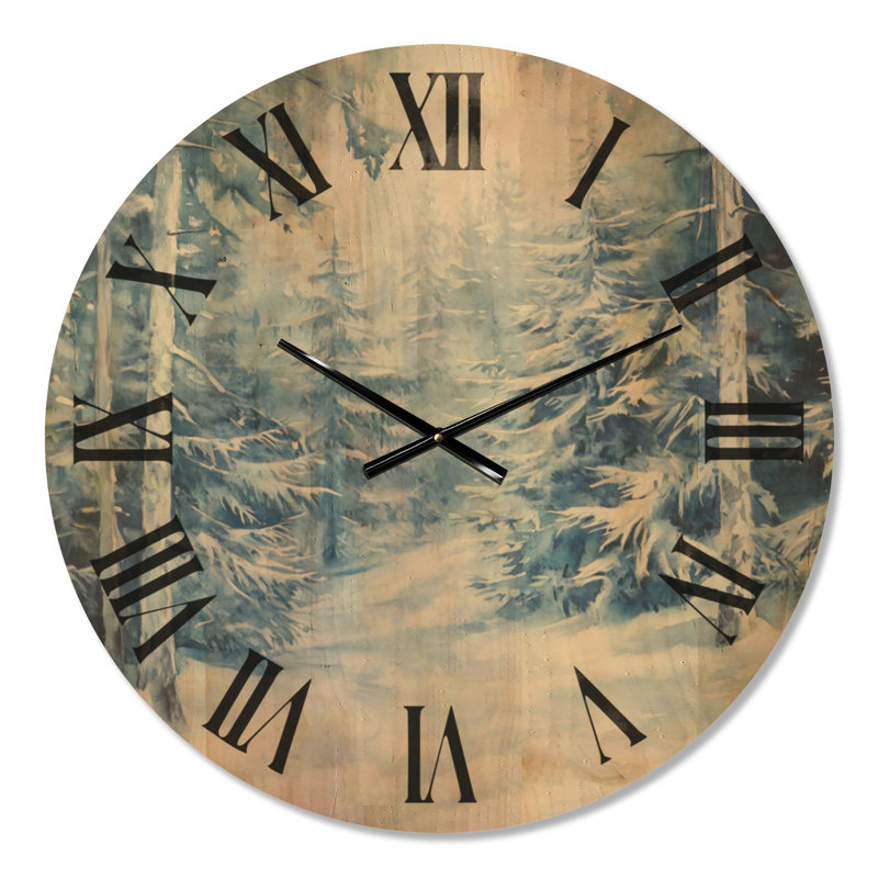 Horloge murale nature en bois - Pins d'hiver sous la neige, Large
