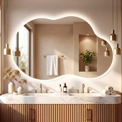 Miroir de salle de bain asymétrique certifié UL / ETL en forme de nuage avec rétroéclairage, antibuée, éclairage 3 couleurs, gradation continue, verre trempé, garantie de 3 ans
