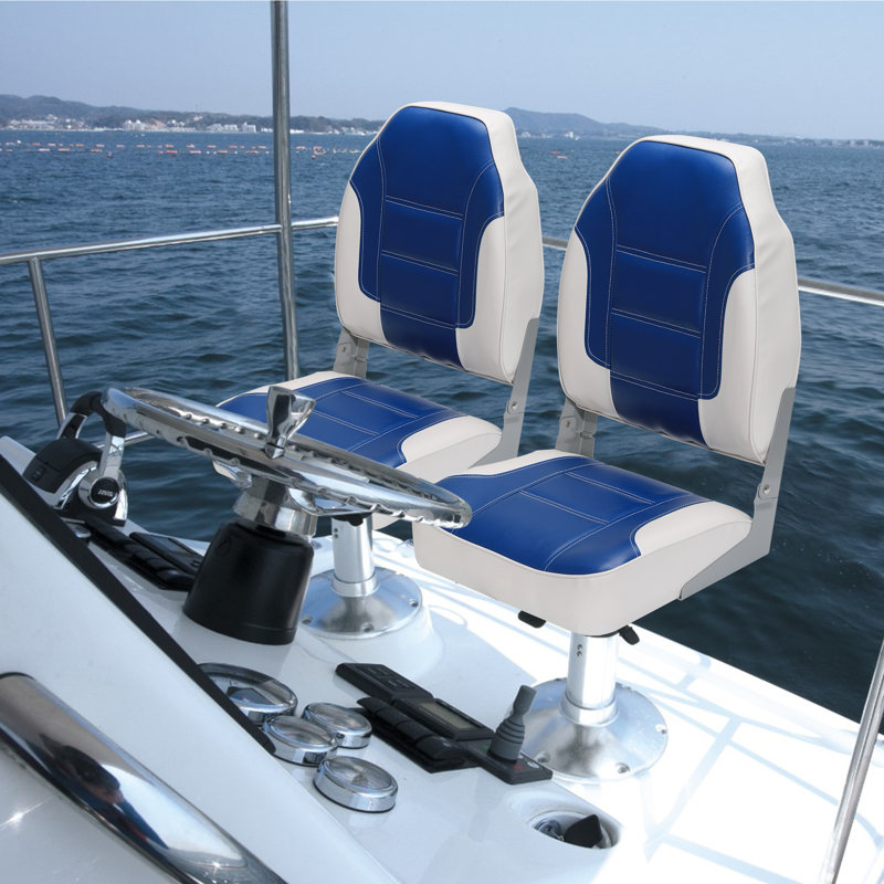 2 Pack Blue Folding High Back Boat Seats Thickened Sponge Padding and Molded Plastic Frame Weather-Resistant Captain Chairs for Fishing Sightseeing Speedboat