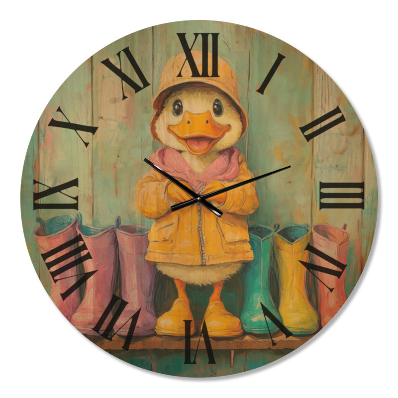 Horloge murale ronde pour chambre d'enfant « Bottes pour jours de pluie », motif en bois, Extra Large