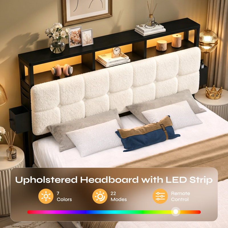 Upholstered Storage Headboard With Built-In Charging Station, LED Light Strip, Hidden Drawer And Shelf – Tufted Button Design