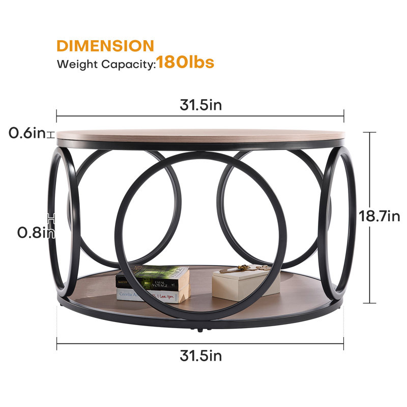 Carnforth 31.5" Round Coffee Table with 2-Tier Storage Shelves, Cream Brown Wood