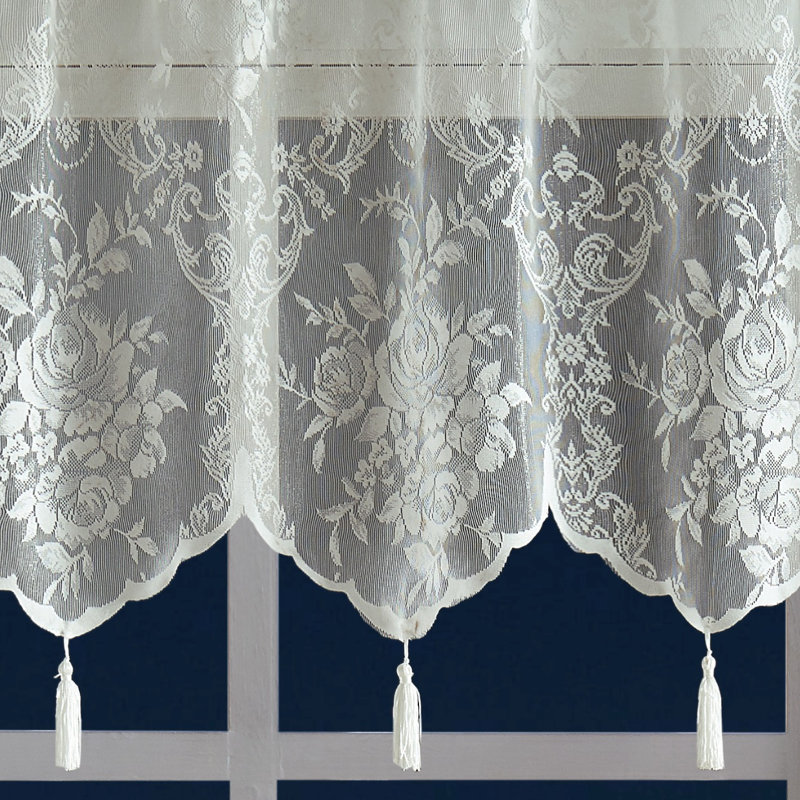 Rosdorf Park Pair Of 2 Sheer Lace Curtain Panels with Attached Matching Valance With 6 Tassels., Ivory, 54" W x 84" L