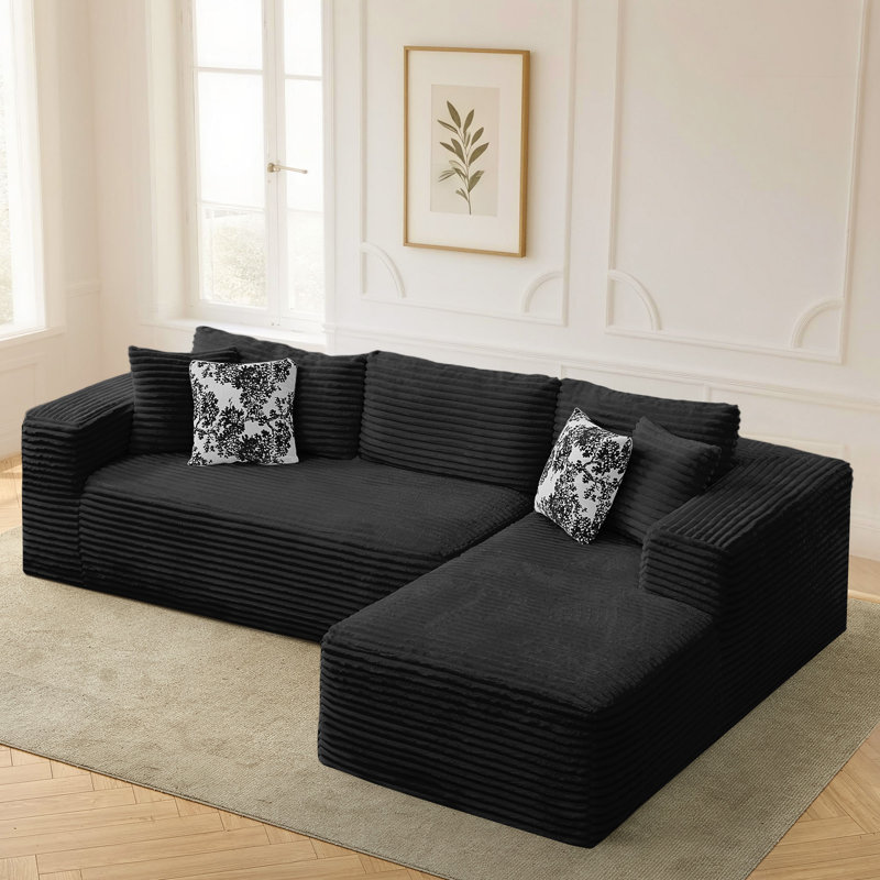 Modular 3-Seat Sectional Sofa With Chaise, Deep Seat Faux Fur Couch, No-Assembly Plush Lounge Sofa With Wide Armrests And 4 Decorative Pillows For Living Room Or Apartment