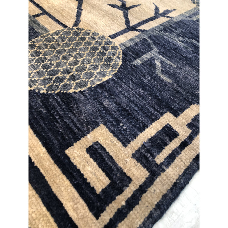 Tapis unique en laine noué à la main bleu / blanc / gris 9 pi x 12 pi