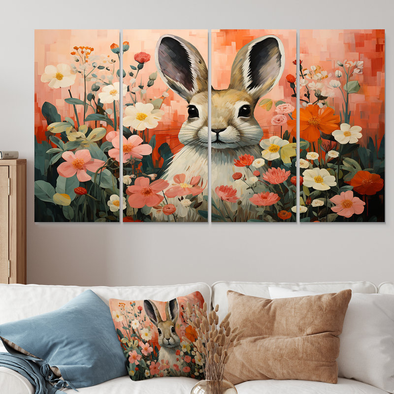 «Pink Rabbit Flower Meadows - Rabbit», art mural sur toile 4 pièces, H 28 po x l 48 po