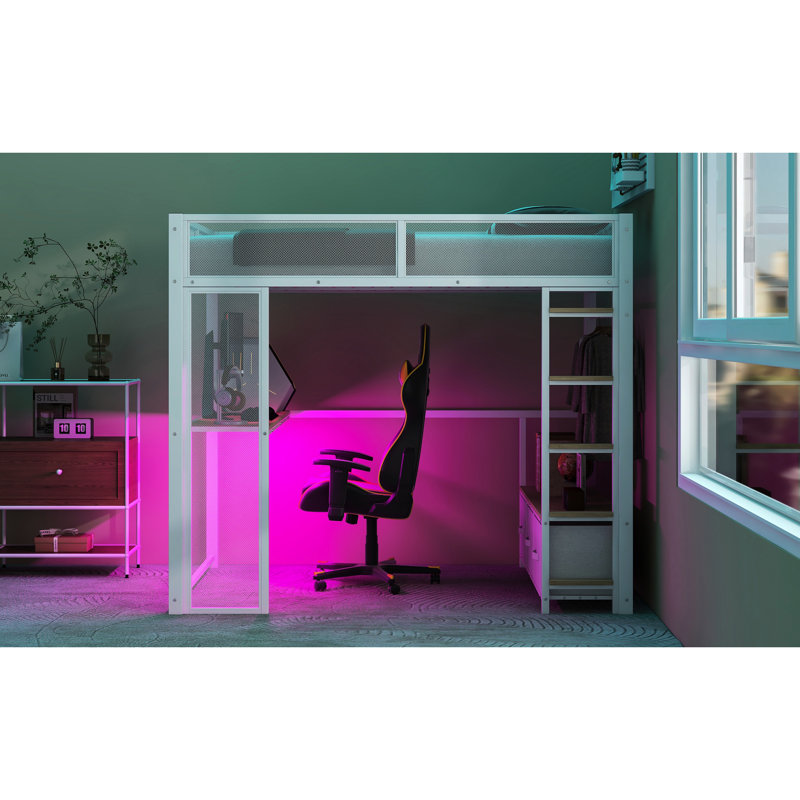 Lit de jeu en métal avec DEL, garde-robe ouverte et 3 tiroirs de rangement, pleine grandeur, bureau blanc - expérience fonctionnelle, qualité de vie