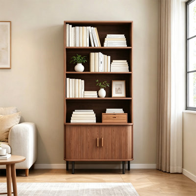 Freestanding Wooden Bookshelf with Sliding Door Storage Cabinet, Adjustable Foot Pads, Display Rack for Living Room & Home Office