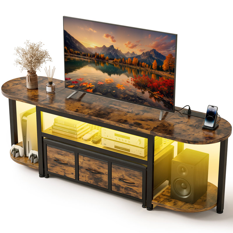 Meuble télé moderne de 160 cm avec banc de rangement et éclairage DEL RVB, Brun rustique
