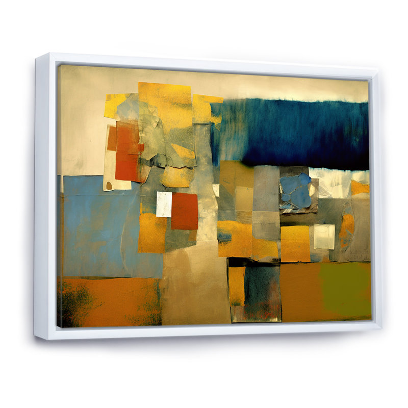 Lever de soleil sur la ville rétro cubiste Colourfields I - paysage abstrait, 30" H x 40" W, Cadre flottant blanc