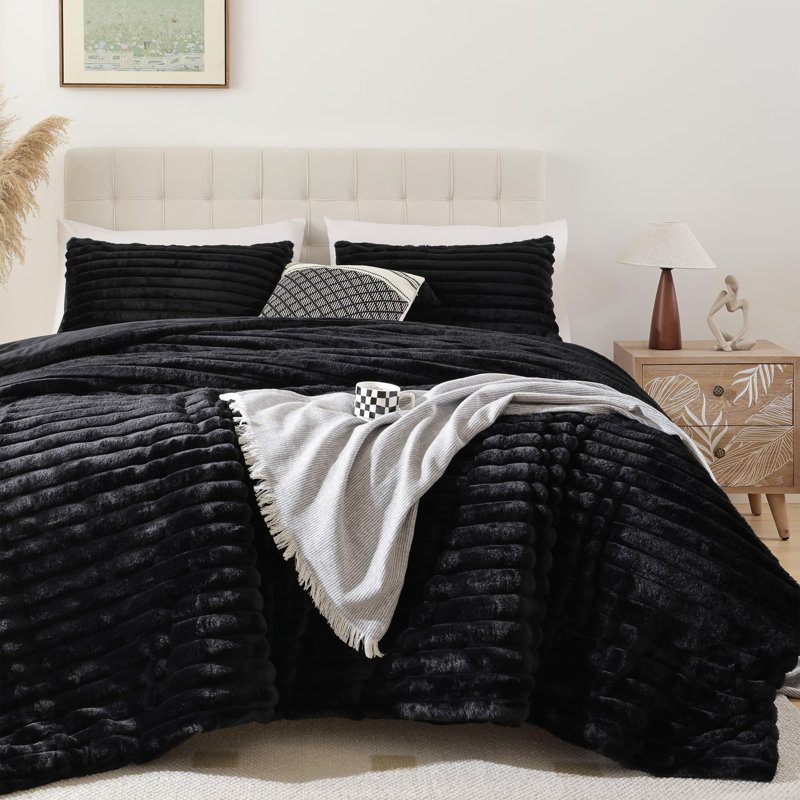 Fluffy Comforter Set 3 Pieces- All Seasons Heavy Faux Fur Comforter With Two Pillowcases, Black