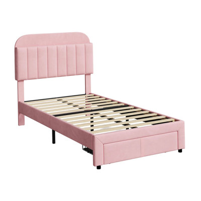 2 Piece Twin Platform Bed Frame For Kids Light Pink Velvet Upholstered Bed With Storage Headboard Drawer No Box Spring Needed For Girls Bedroom