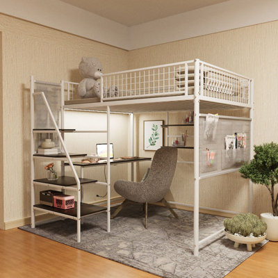 Loft Metal Bed For Bedroom And Dormitory, With Built-In Charging Station And LED Lighting